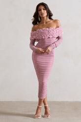 Pink Mesh Ruched Floral Bardot Lace-Up Midi Dress
